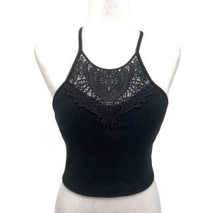 SO Ribbed Crocheted High Neck Tank Top -  Black